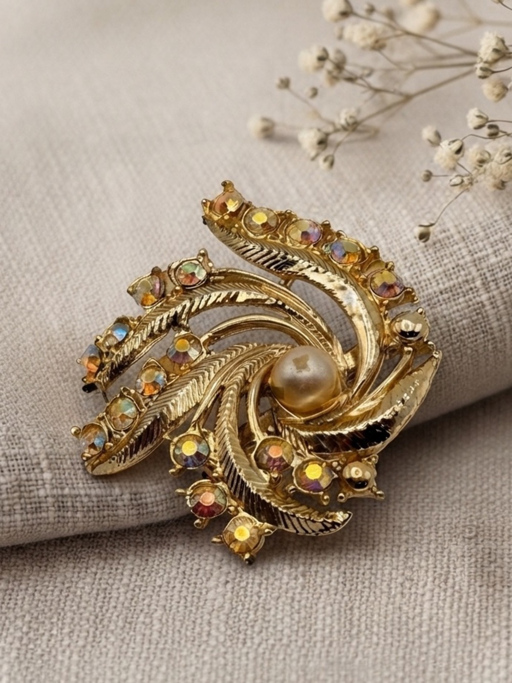 Vintage Swirl Faux Pearl & Aurora Borealis Rhinestone Brooch